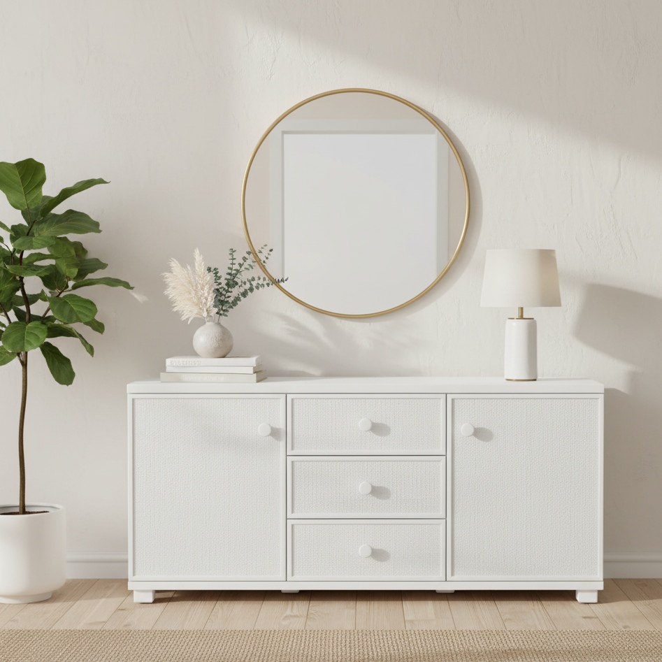 buffet rotin blanc avec portes et tiroirs de rangement Buffet rotin blanc 150 cm 2 portes et 3 tiroirs