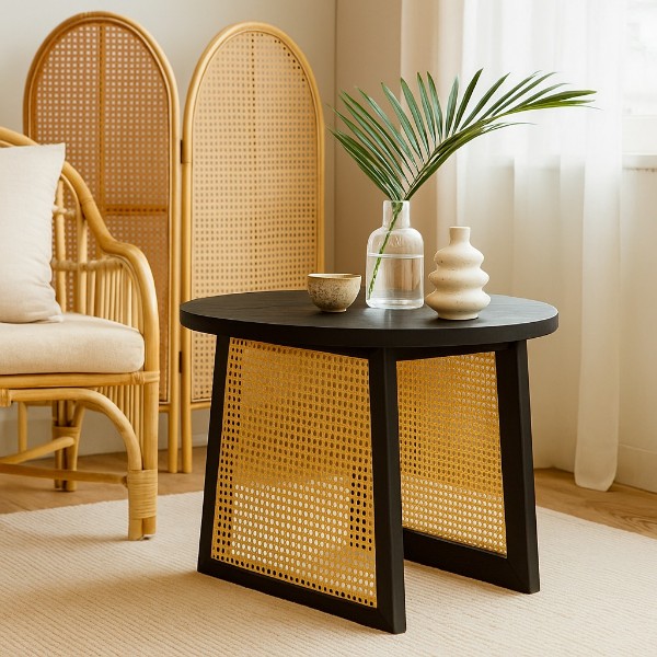 Table basse ronde en cannage déco avec plateau bois