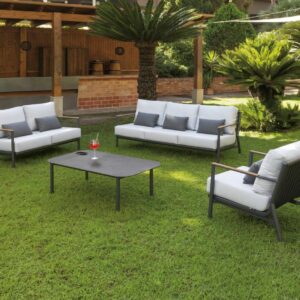 Salon de jardin complet en aluminium gris avec accoudoirs bois