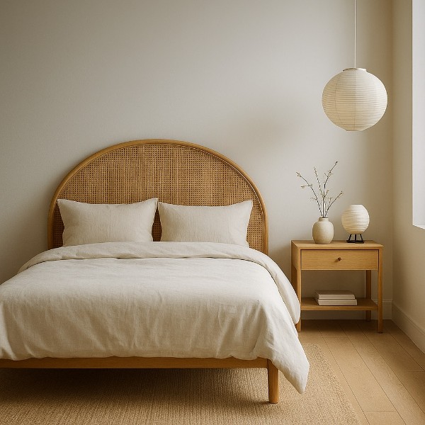 Une tête de lit en rotin dans une chambre de style Japandi