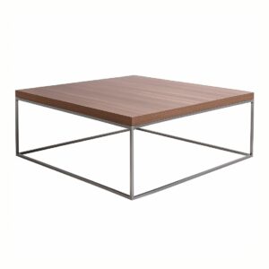 Table de salon carrée 120 cm plateau noyer pieds métal