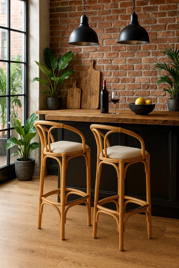 Tabourets de bar haut de gamme en rotin avec coussins devant table haute