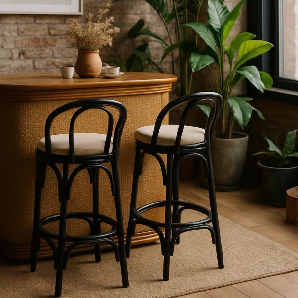 Deux tabourets de bar rotin noir avec bar rotin