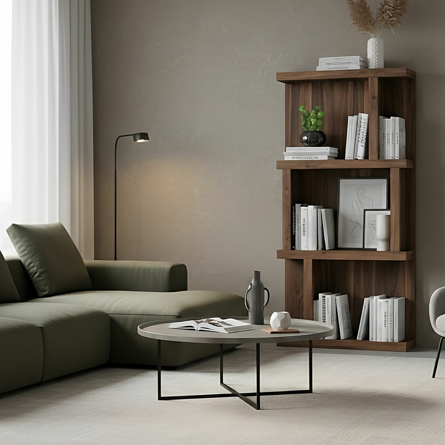 Bibliothèque de salon design en noyer largeur 60 cm