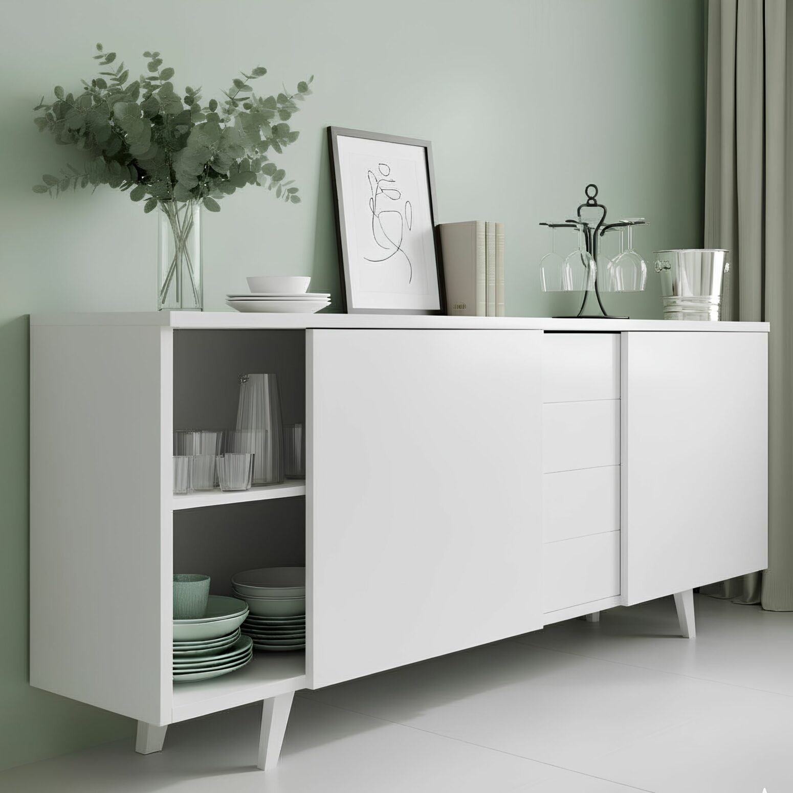Buffet design laqué blanc avec portes coulissantes