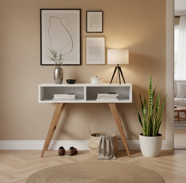 Console 2 niches style scandinave blanche et bois