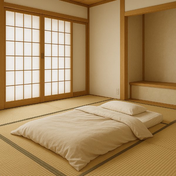 Tatami et couchage futon dans un intérieur style japonais