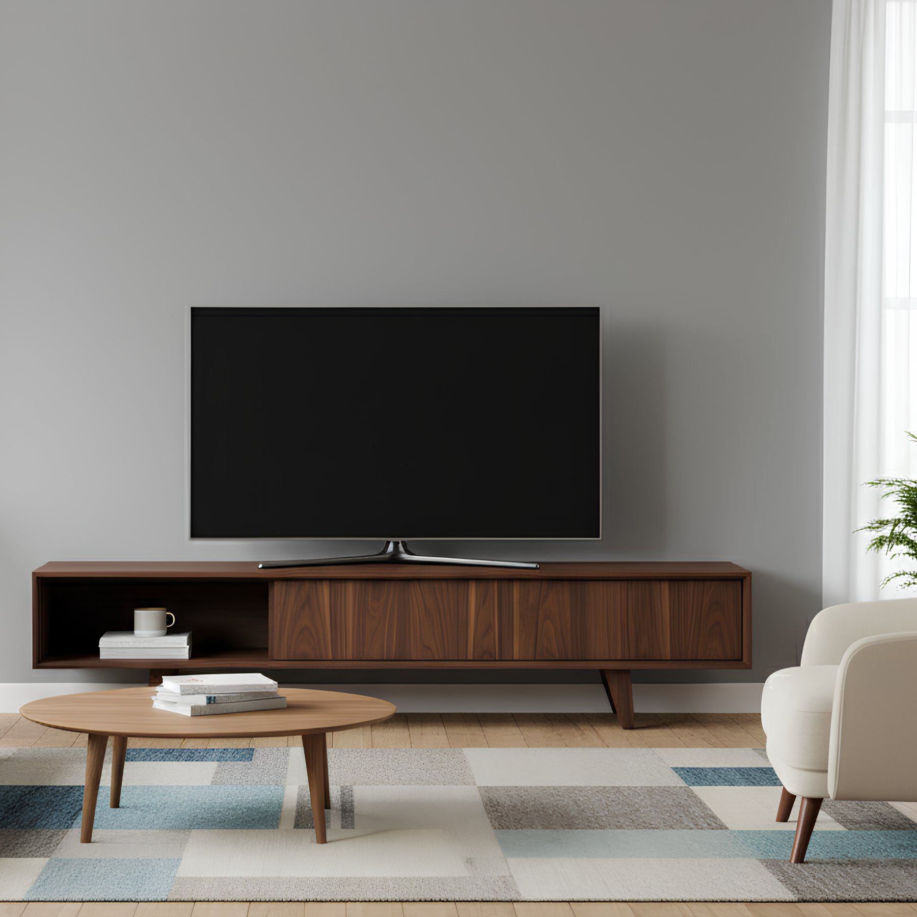meuble tv noyer design 180 cm Meuble tv en noyer design 180 cm avec pieds compas bois