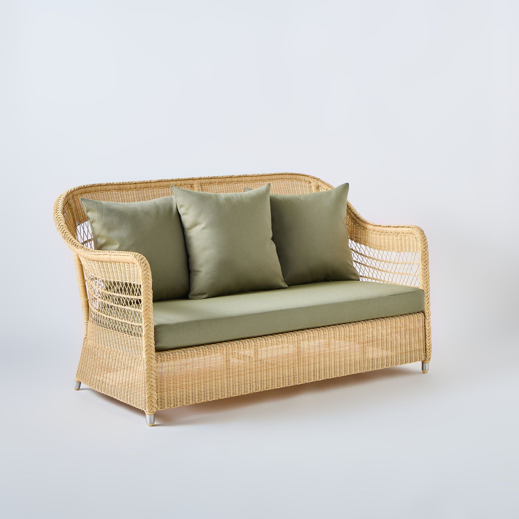 grand canape 2 places resine imitation rotin avec coussins verts Canapé 2 places extérieur résine tressée naturelle tissu vert