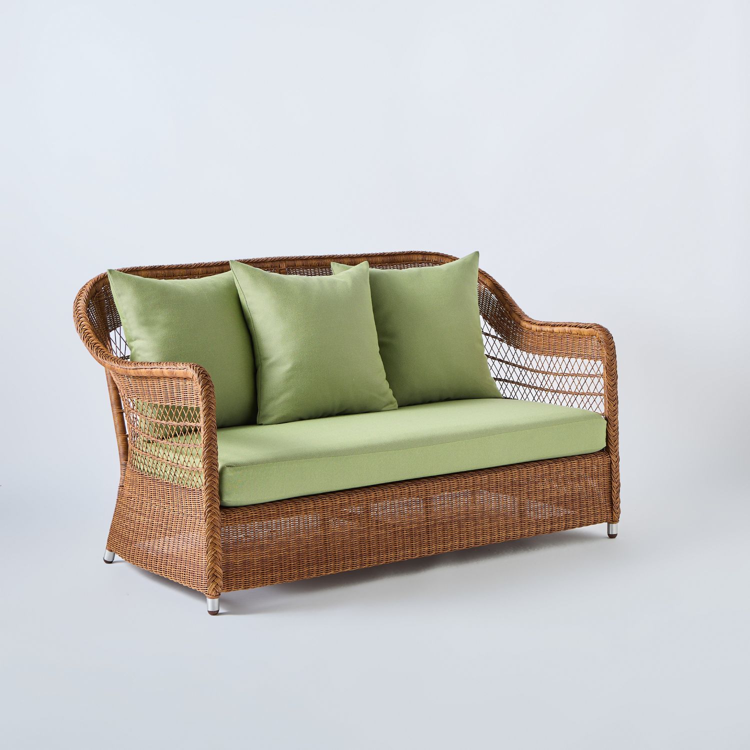 canape de salon de jardin marron en rotin tresse Canapé Biarritz 2 places avec tissu vert