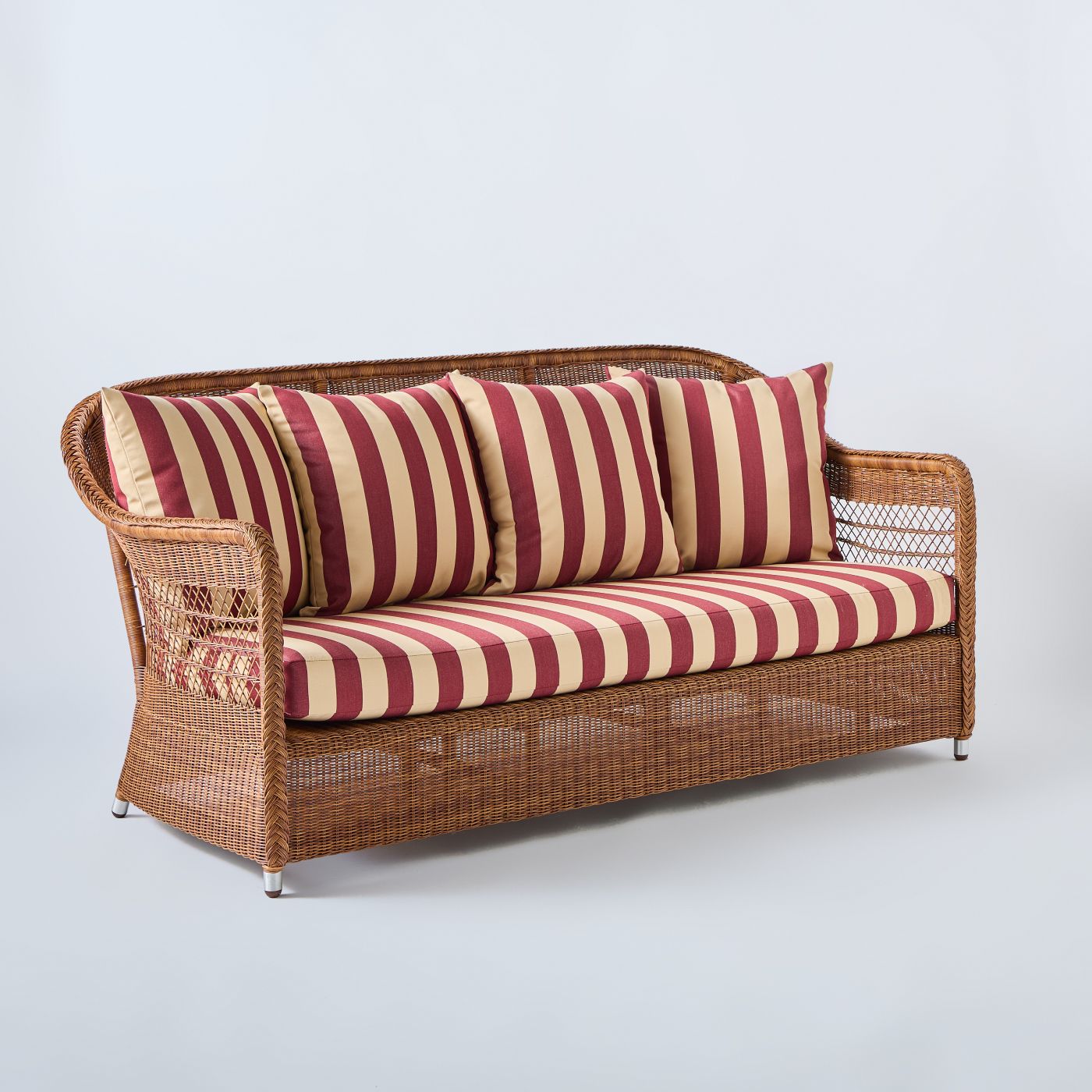 canape outdoor 3 places chataigne biarritz avec tissu raye bordeaux Canapé extérieur 3 personnes marron avec tissu rayé