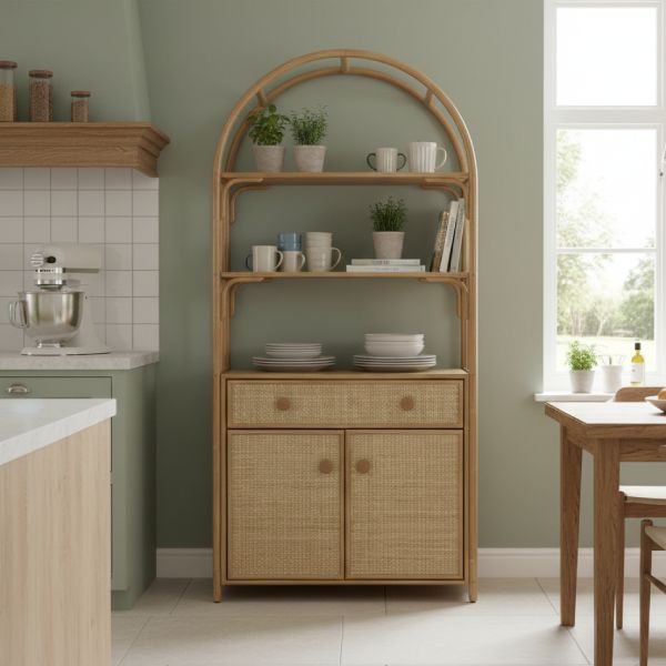 Étagère en rotin avec portes et tiroirs dans une cuisin