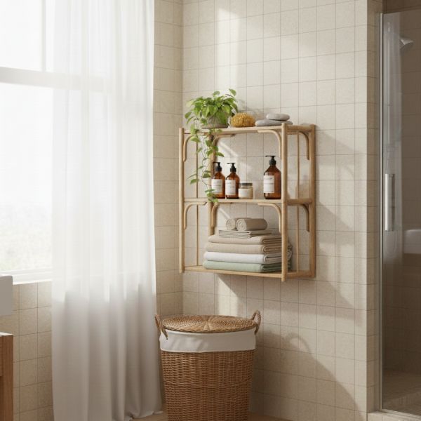 Étagère suspendue en rotin dans une salle de bain
