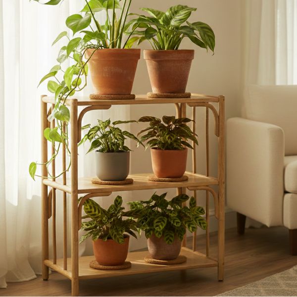 Étagère en rotin naturel sur pieds avec plantes