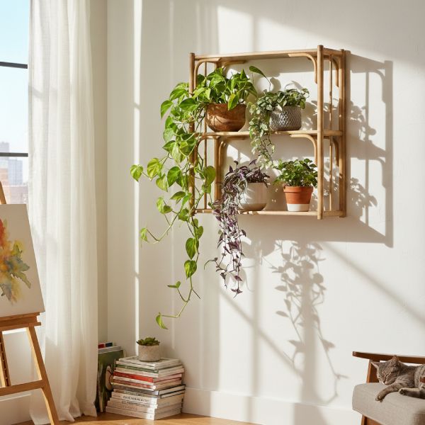 Étagère en rotin 3 niveaux murale pour plantes