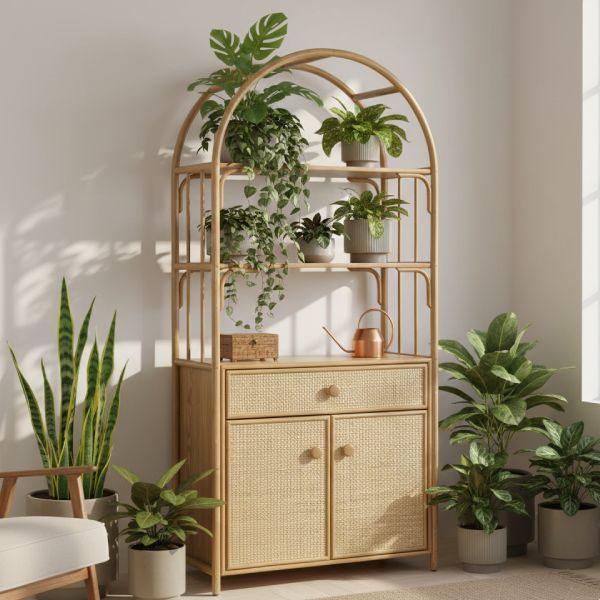 Grand meuble étagère en rotin avec portes et tiroirs