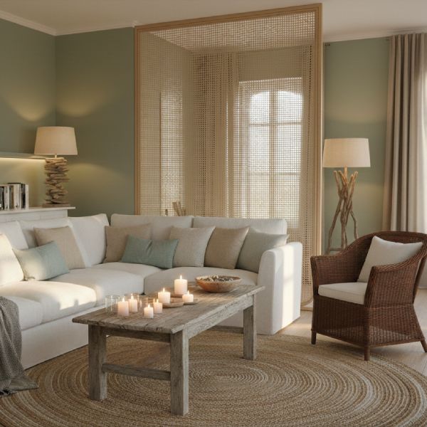 Salon ambiance bord de mer avec séparation en rotin