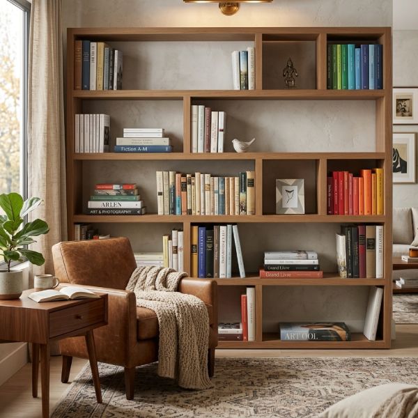 Grand bibliothèque déstructurée contre un mur