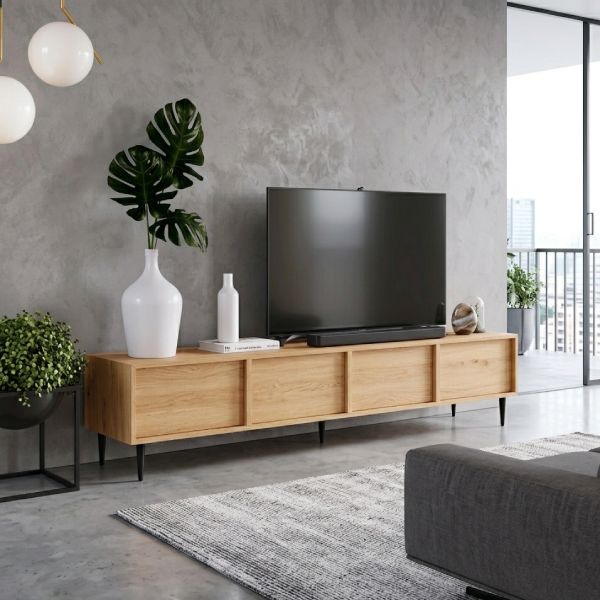 Meuble tv 180 cm bois naturel avec tiroirs