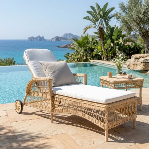 Bain de soleil haut de gamme en résine tressée couleur naturelle