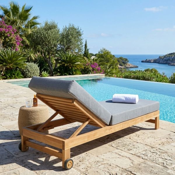 Bain de soleil en teck naturel avec dossier règlable