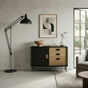 Buffet largeur 120 cm noir et bois pieds métal noir