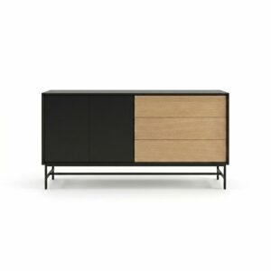Buffet design 160 cm avec portes noir et tiroirs en chêne naturel avec pieds métal