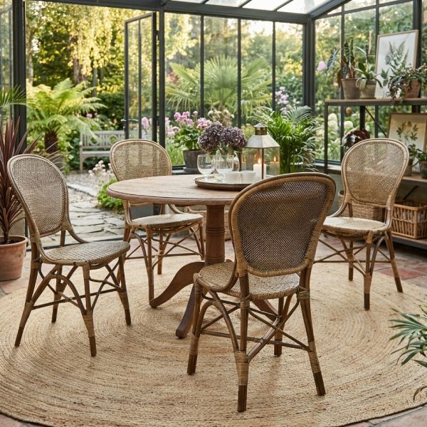 Chaises en rotin naturel Rossini dans une véranda autour d'une table en bois