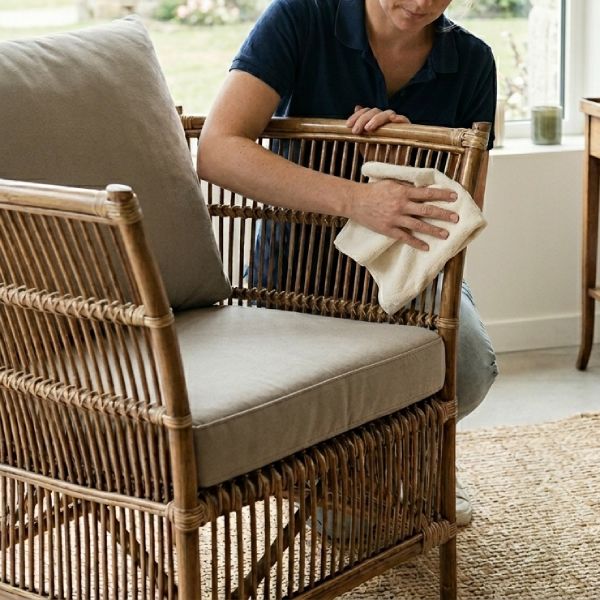 Entretien d'un fauteuil en rotin naturel avec un chiffon