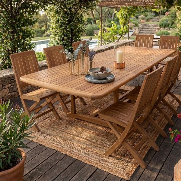 Table en teck pour l'extérieur avec chaises de jardin