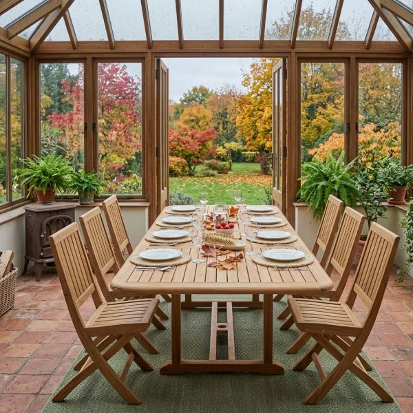 Table et chaises de véranda en teck haut de gamme