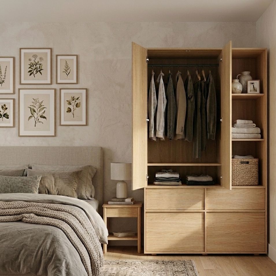 armoire avec penderie 190 cm en chene naturel Armoire penderie niches et tiroirs