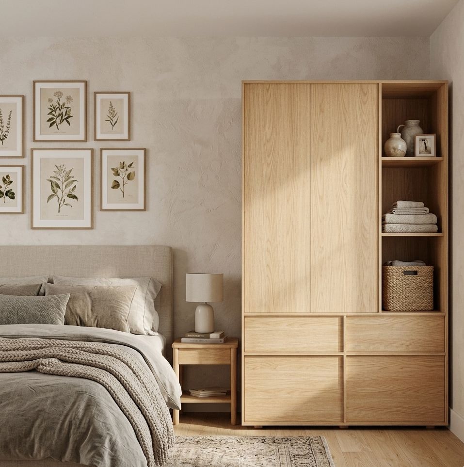 armoire design 120 cm en bois naturel Armoire placage bois naturel avec penderie et niches de rangement
