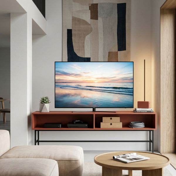 Meuble tv design avec pieds métal et bois couleur rouge
