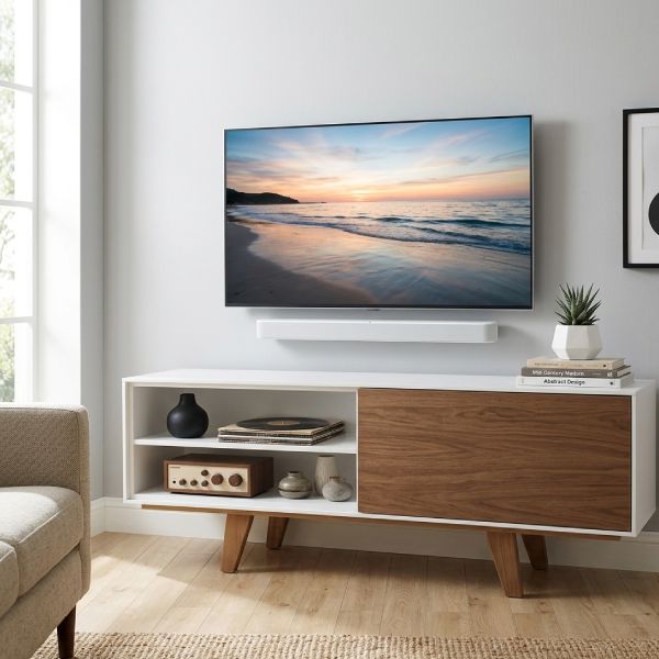 Meuble tv style contemporain avec pieds compas 2 couleurs 150 cm