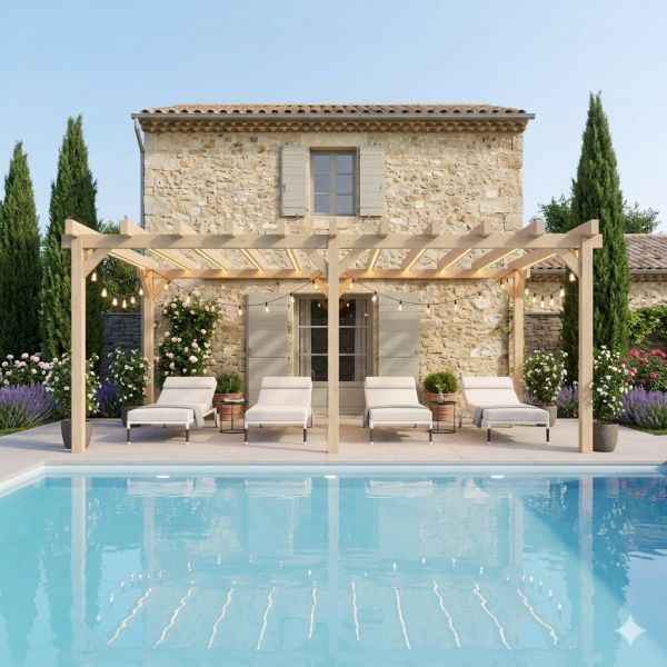 Grand pergola 6 porteaux en bois près d'une piscine