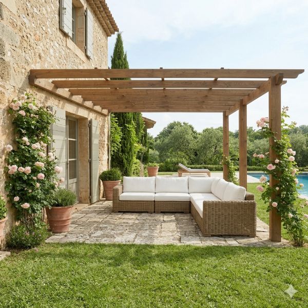 Pergola bois contre un mur avec salon de jardin