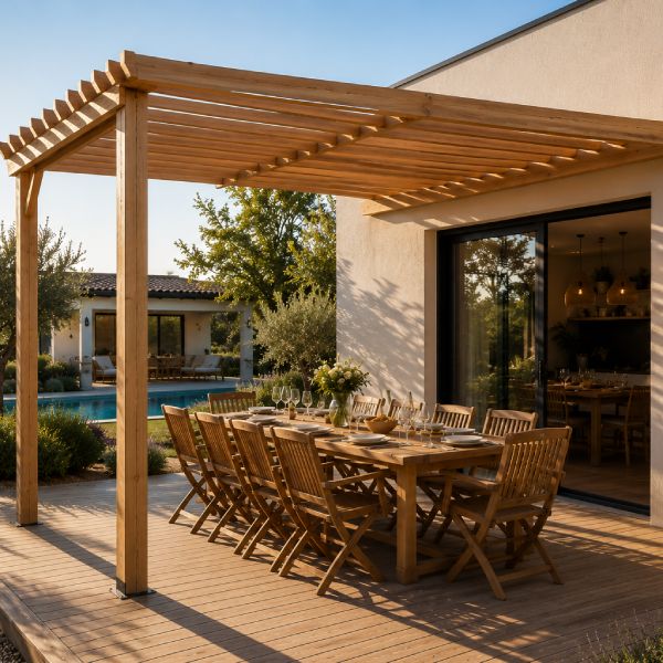 Pergola de jardin en bois contre le mur de la maison avec salon de jardin