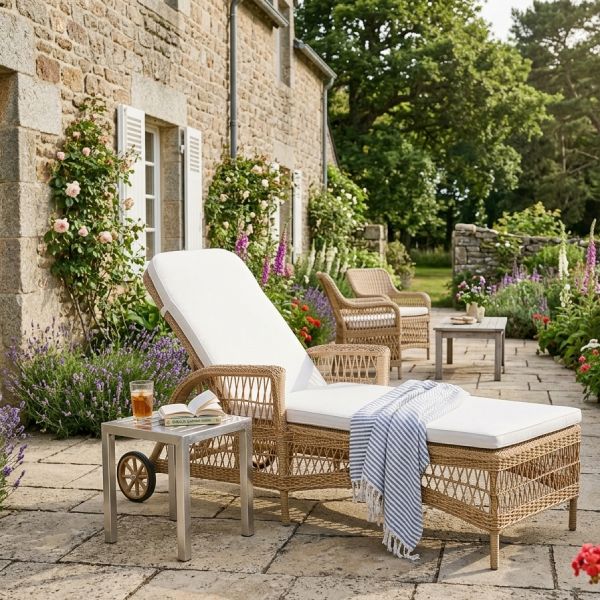 Bain de soleil résine tressée couleur naturelle sur une terrasse