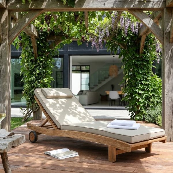 Bain de soleil avec coussin en teck massif sous une pergola en bois