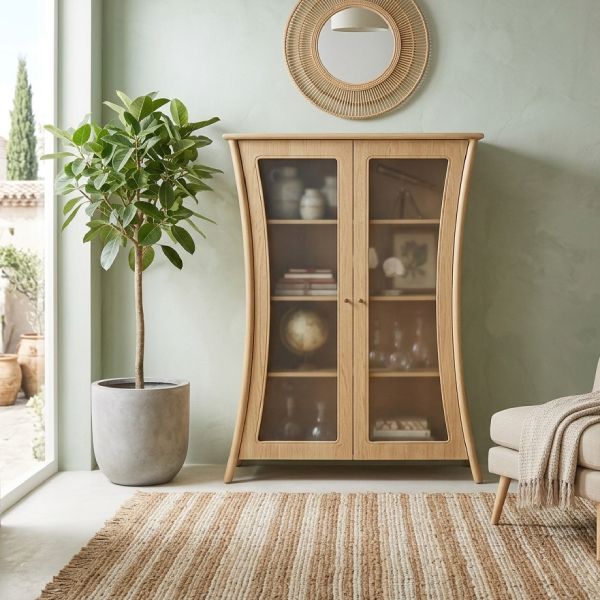 Meuble vitrine en bois et rotin pour la salle à manger