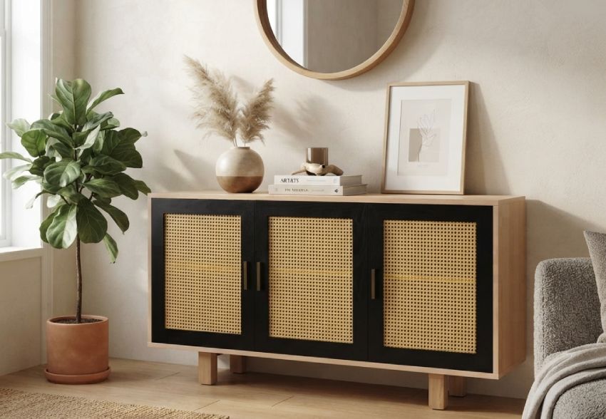 Meuble buffet déco en cannage bois et noir