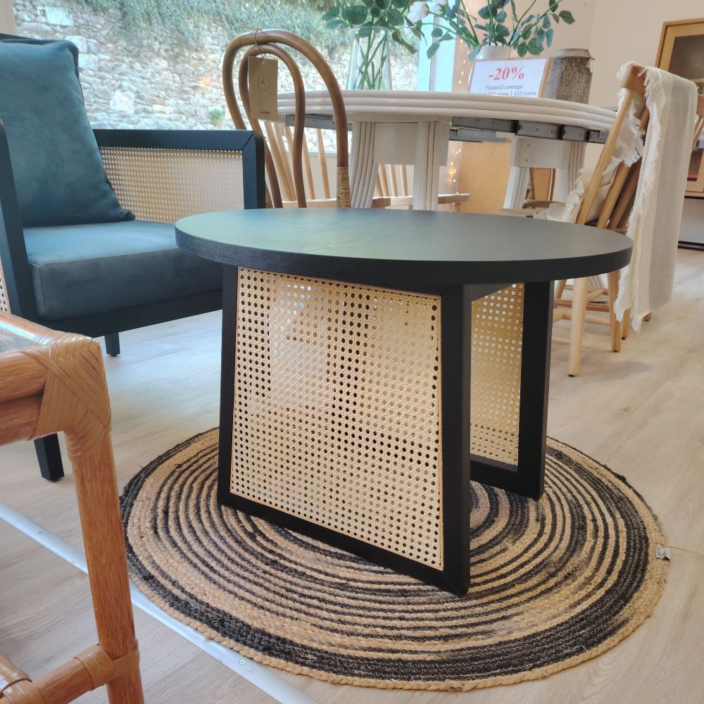 Table basse plateau bois et pieds cannage