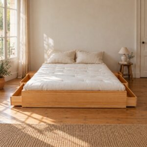 Lit style japonais bas en bois avec tiroirs