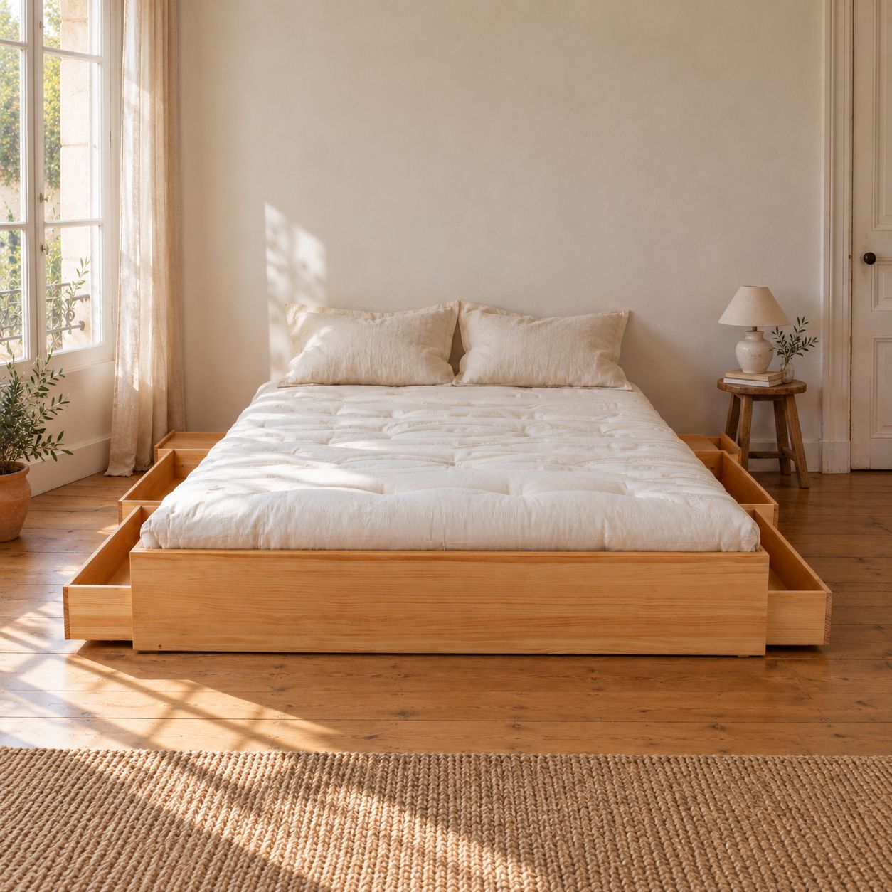 Lit style japonais bas en bois avec tiroirs
