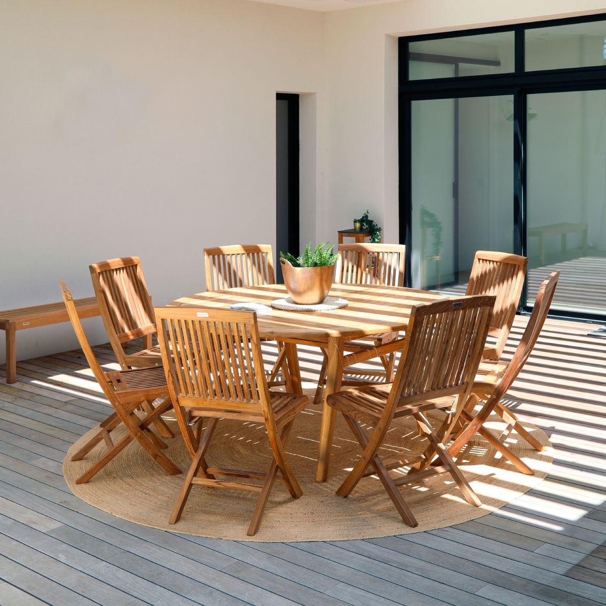Table ronde en teck 150 cm avec chaises